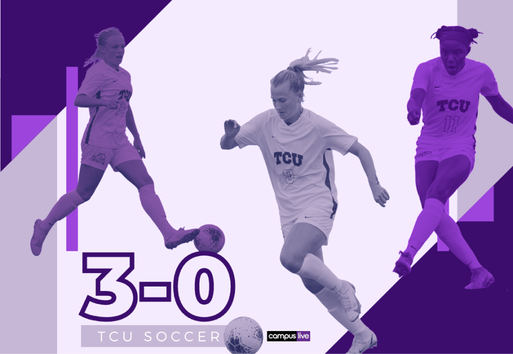 Tcu soccer player cutouts in different colors of purple with text explaining tcu soccers 3-0 streak