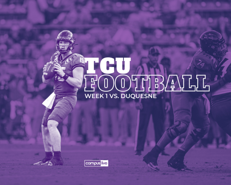 purple background with Frog football QB Max Duggan with text that reads tcu football week 1 vs. Duquesne